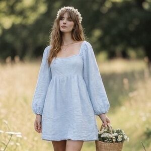 J Crew Light Blue Gauze Square Neck Balloon Sleeve Dress S Boho Cottagecore NWT